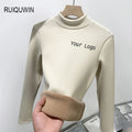 RUIQUWIN Women's Slim Top Autumn Winter Long Sleeve T-shirt High Neck Plus Velvet Casual Soft Elastic Knitted Bottoming Shirt