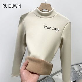 RUIQUWIN Women's Slim Top Autumn Winter Long Sleeve T-shirt High Neck Plus Velvet Casual Soft Elastic Knitted Bottoming Shirt