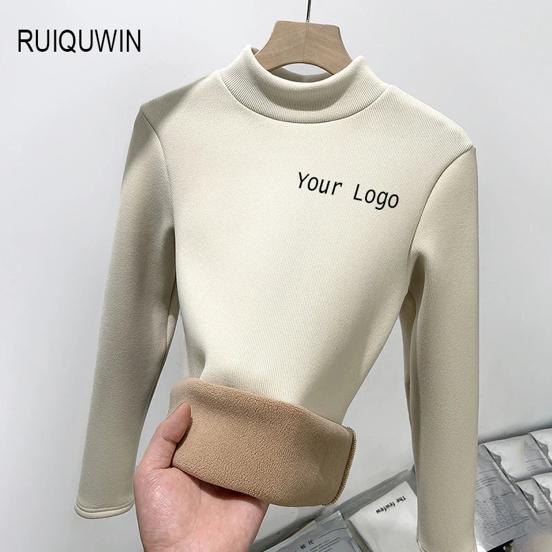 RUIQUWIN Women's Slim Top Autumn Winter Long Sleeve T-shirt High Neck Plus Velvet Casual Soft Elastic Knitted Bottoming Shirt