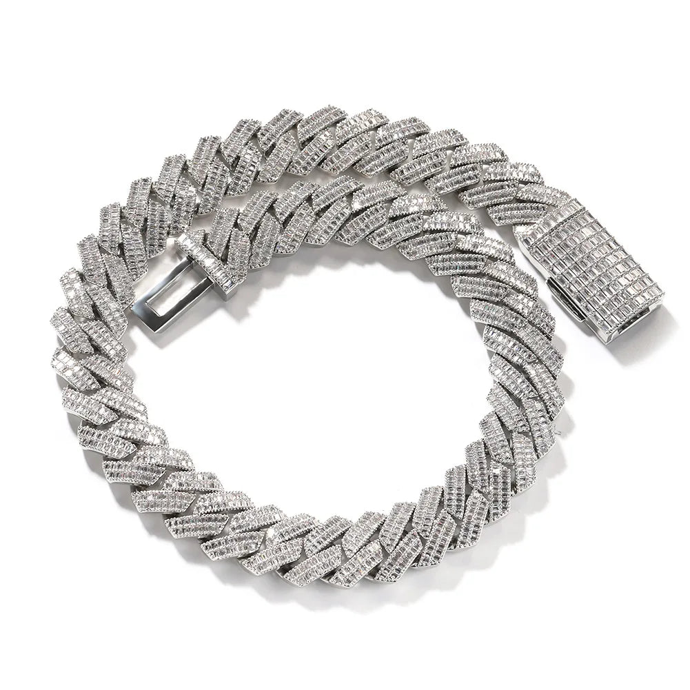 Hip Hop 20MM 2 Row Heavy Cuban Prong Chain Iced Out Box Buckle Copper Setting Baguette AAA+ Cubic Zirconia Chain for Men Jewelry