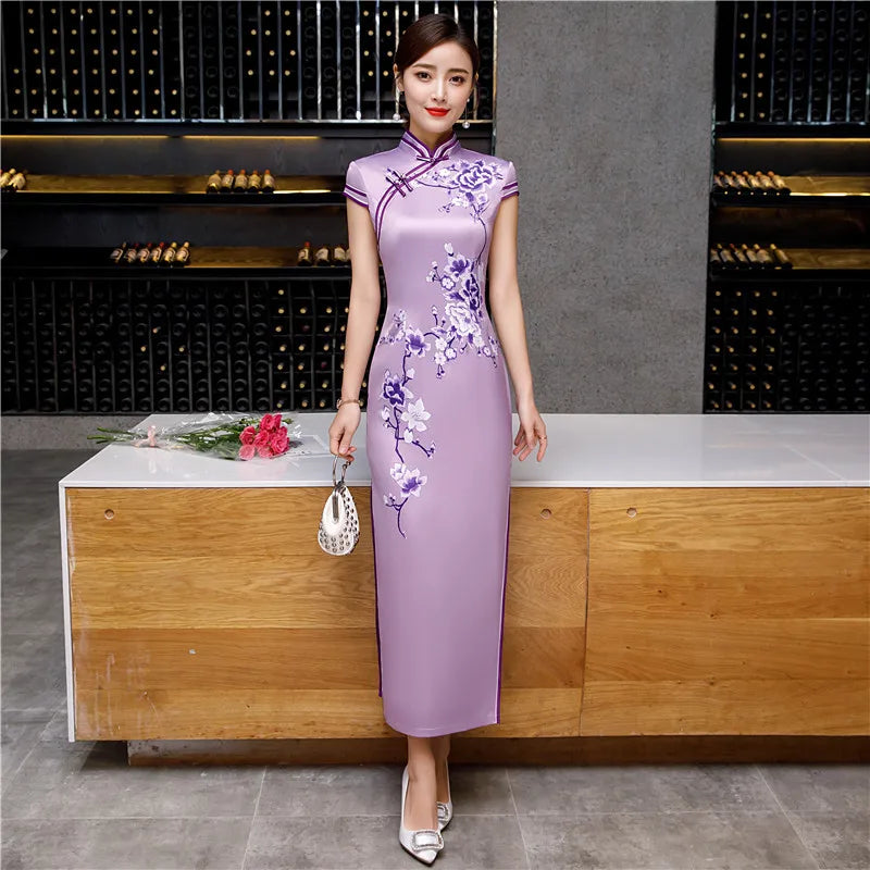 Summer Floor-Length Floral Jacquard Elegant Cheongsam Dress for Young Women Qipao Chinese Party Wear