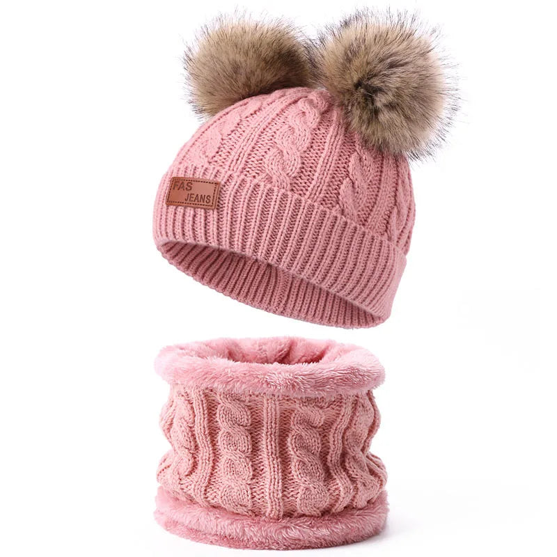 Crochet Knitted Children Kids Toddler Baby Fleece Lined Knit Pompom Winter Beanie Hat Warm Neck Scarf Set Plain Soft Comfortable
