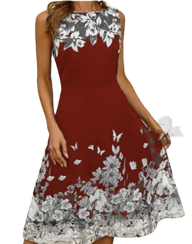 S-3XL New Large Digital Positioning Print Dress Temperament Sleeveless Round Neck Dress A-line Dress