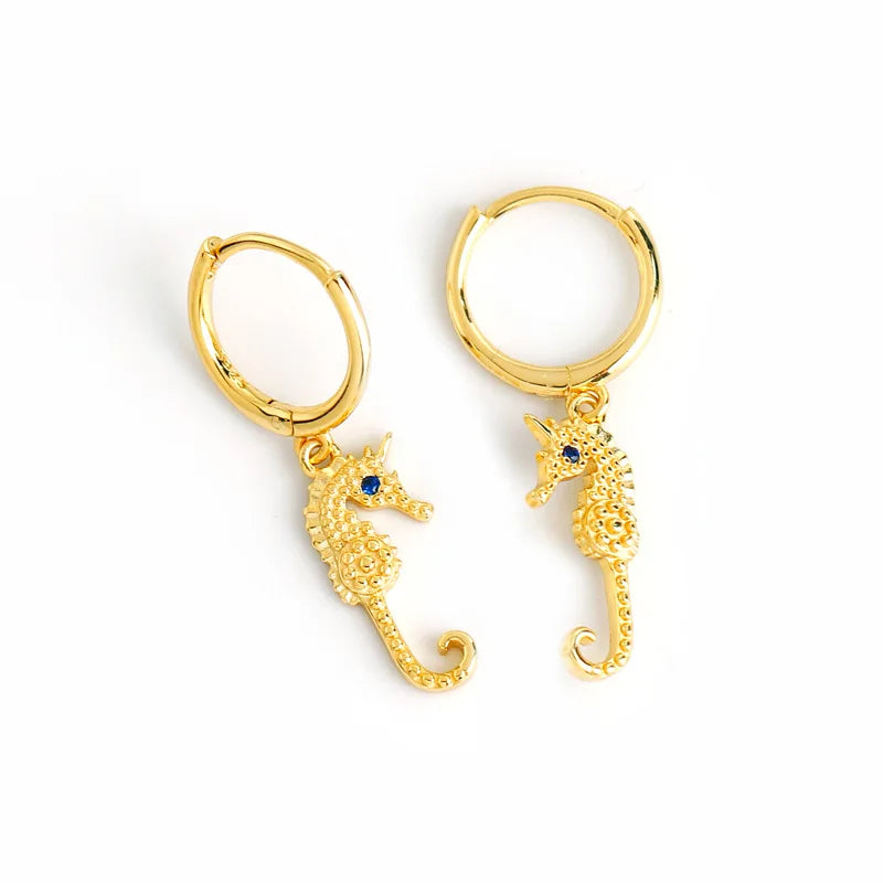 925 Sterling Silver BOHO Summer Beach Jewelry Small Gold Plated Hoop Minimalist Earrings Sea Horse Earrings