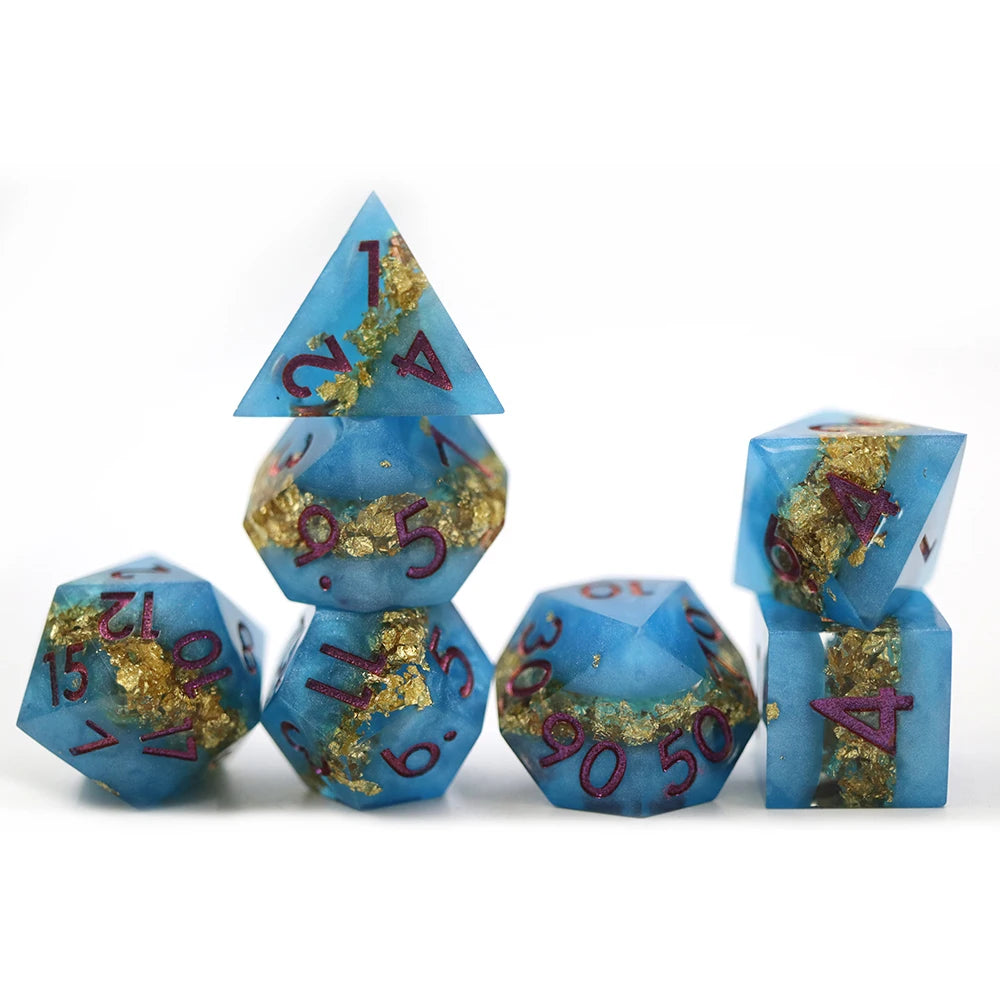Custom Blue DND 7-Die Resin Dice Set Small Counter Gilt Stripe Purple Number 7pcs with Unique Design