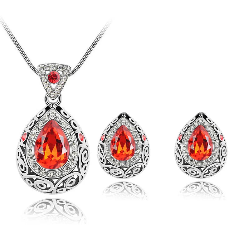Fashion Women's Rhinestone Crystal African Beads Vintage Water Drop Crystal Jewelry Set Necklace Earring Set