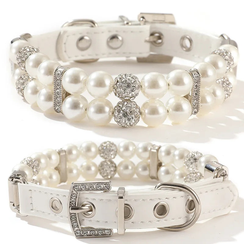 Wholesale Small Dog Cat Pearl Collars Pearl Necklace Set Cute Fashion Pet Pu Leather Collars Necklace With Crystal Rhinestone