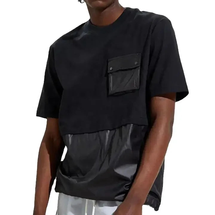 Custom Printing T Shirt 100% Cotton Oversized Shorts Sleeve PU Leather Patchwork Pockets Streetwear Tshirts for Men