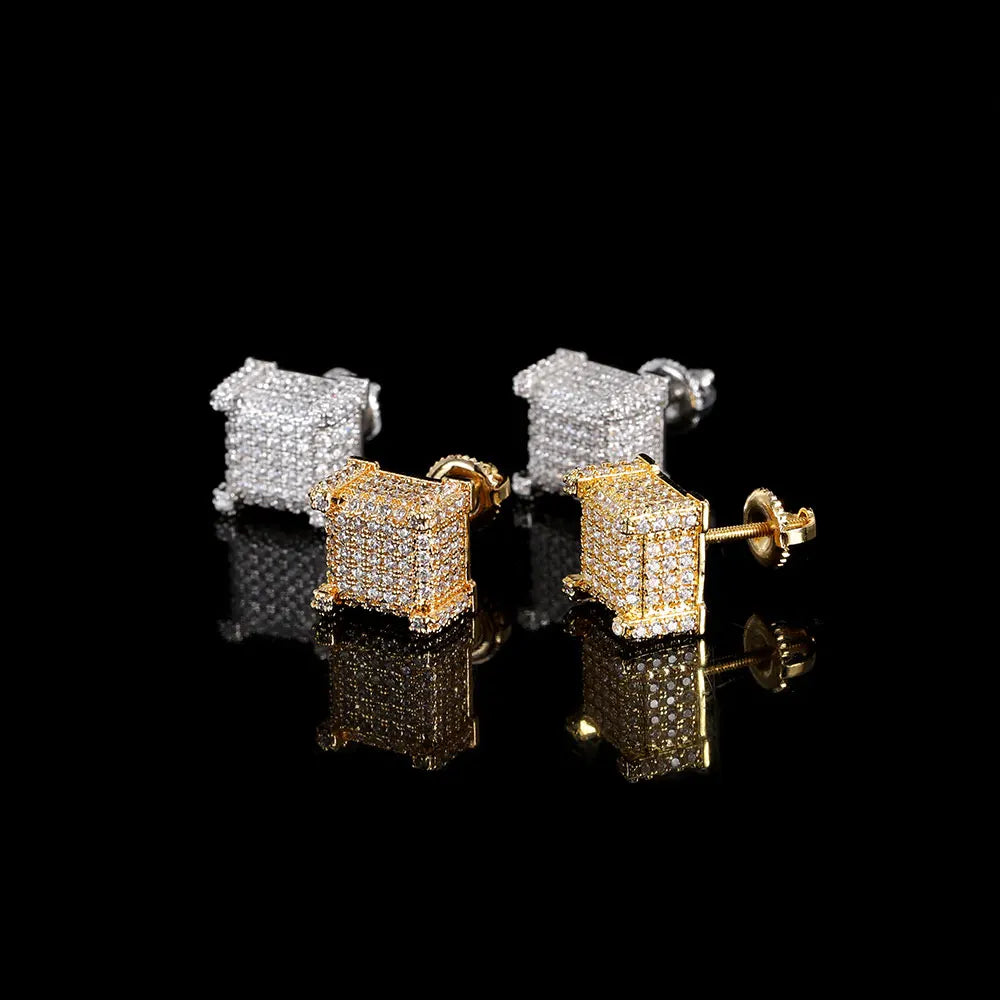 Hip Hop Iced Out Jewelry Gold Plated Earrings Women Micro Pave 3A Zircon Square Screw Back Earring