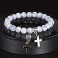 Fashion Black White Volcanic Stone Stretch Beaded Bracelet Silver Cross Pendant Bracelet for Couple Graduation Jewelry Gift