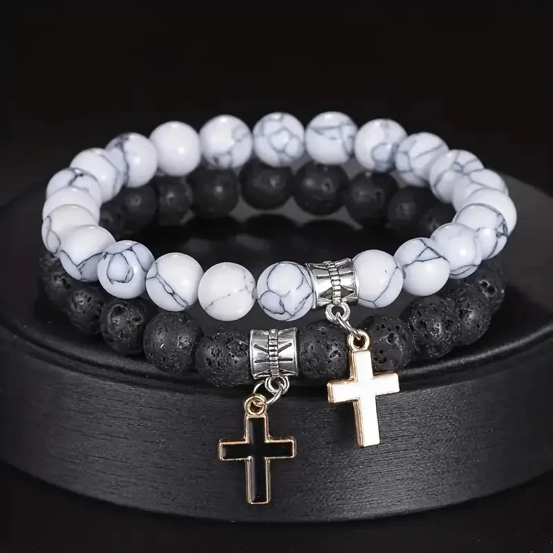 Fashion Black White Volcanic Stone Stretch Beaded Bracelet Silver Cross Pendant Bracelet for Couple Graduation Jewelry Gift