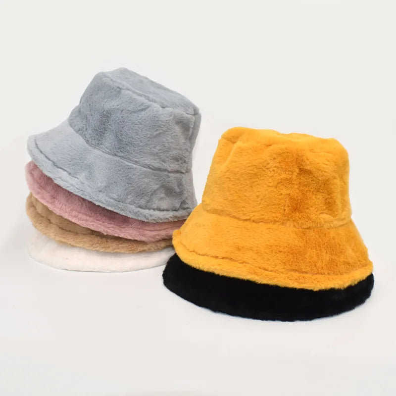 Solid Color Winter Autumn Warm Soft  Women Ladies Thicken Plush Outdoor Rabbit Faux Fur Bucket Cap Girls Hat