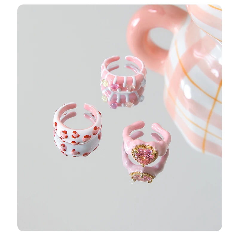 New Arrival Fashion Enamel Zircon Finger Ring Sweet Ins Trendy Oil Dripping Ring Y2K Jewelry for Women Girls