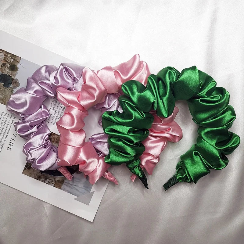 Girls Large Oversize Pleated Fabric Thick Plastic Ruffle Hair Band Fluffy Hair Accessories Silk Satin Scrunchie Headband Women