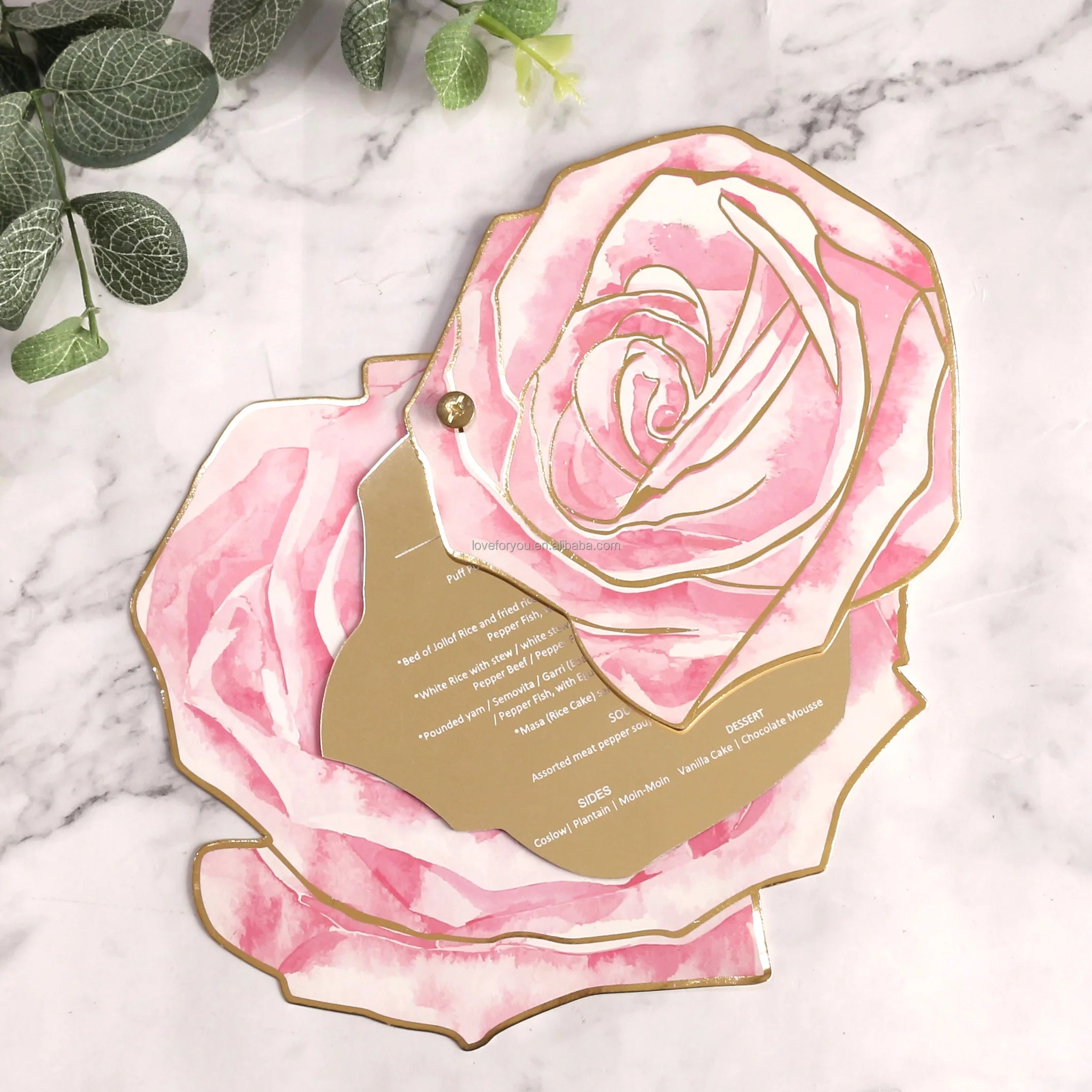 Luxury Gold Mirror Acrylic Dinner Menu for Weddings Personalized Pink Floral Menu for Any Event or Party