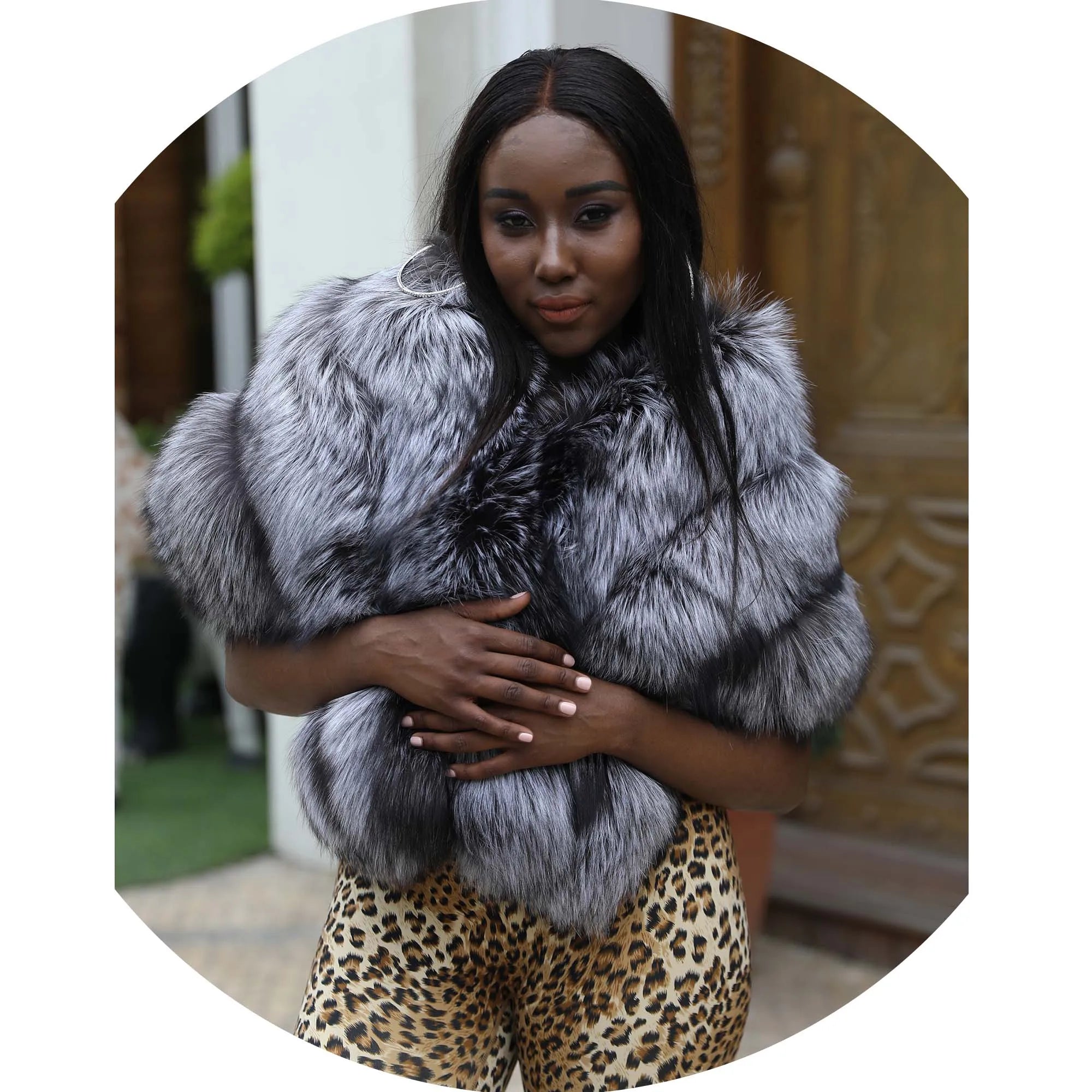 Fashion 3 Panels Fluffy Real Fox Fur Cape Women Daily Wear Shawl