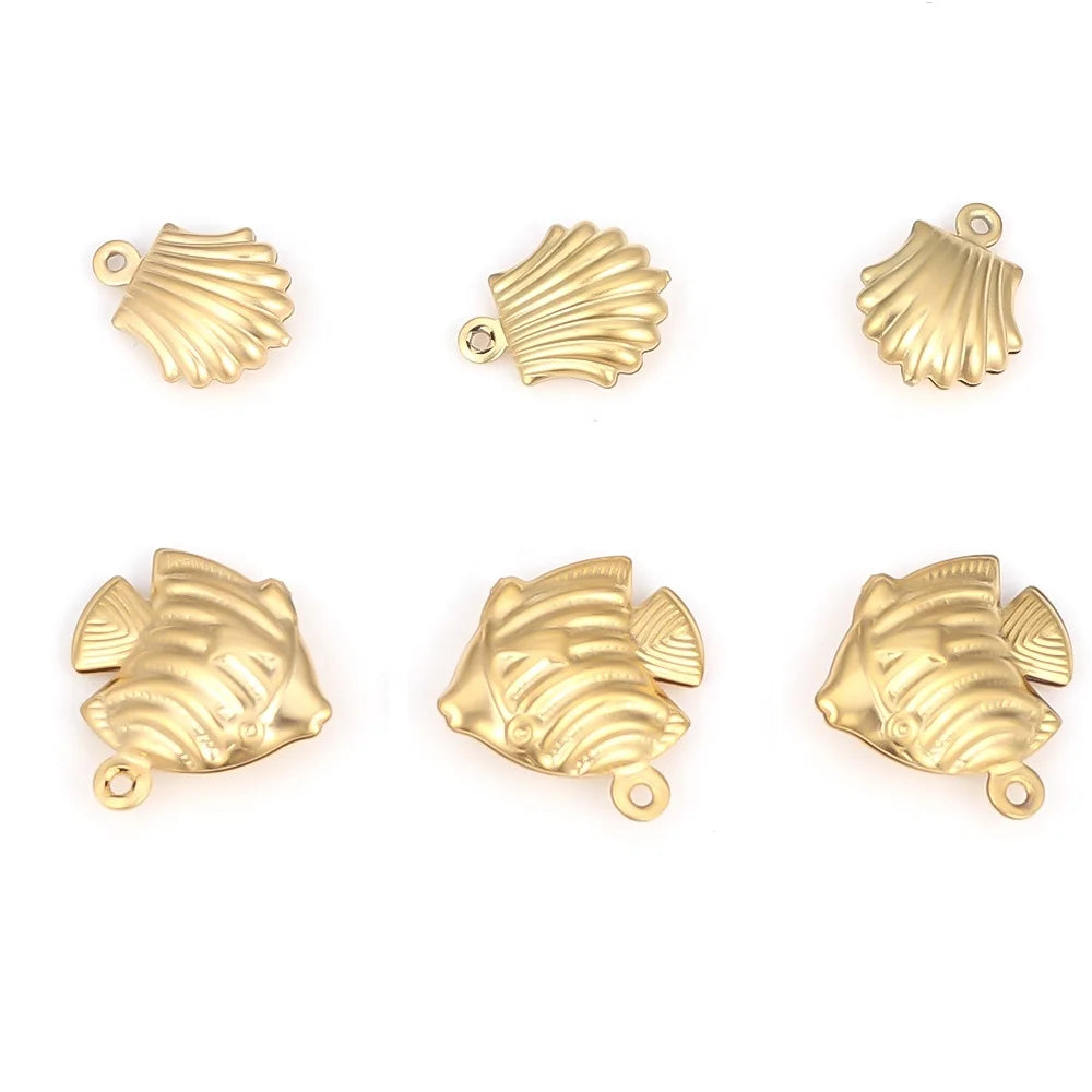 20pcs Fashion Stainless Steel Embossing Hollow Fish and Shell Charms Pendants for DIY Earrings Findings Accessories Jewelry