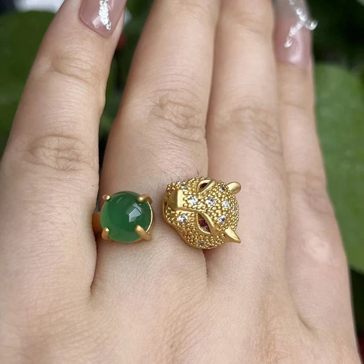China Ethnic Style Brass Gold-Plated Jewelry Creative Design 3d tiger Inlaid Green Jade Copper Adjustable Green Jade Ring
