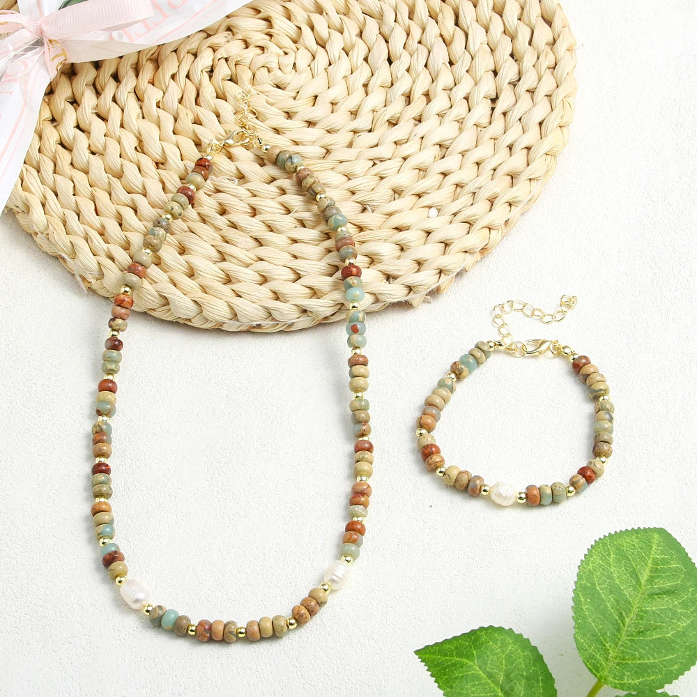 Fashion Bohemian Women Jewelry Natural Stone Beads Irregular Freshwater Pearls Beaded Short Necklace Bracelet