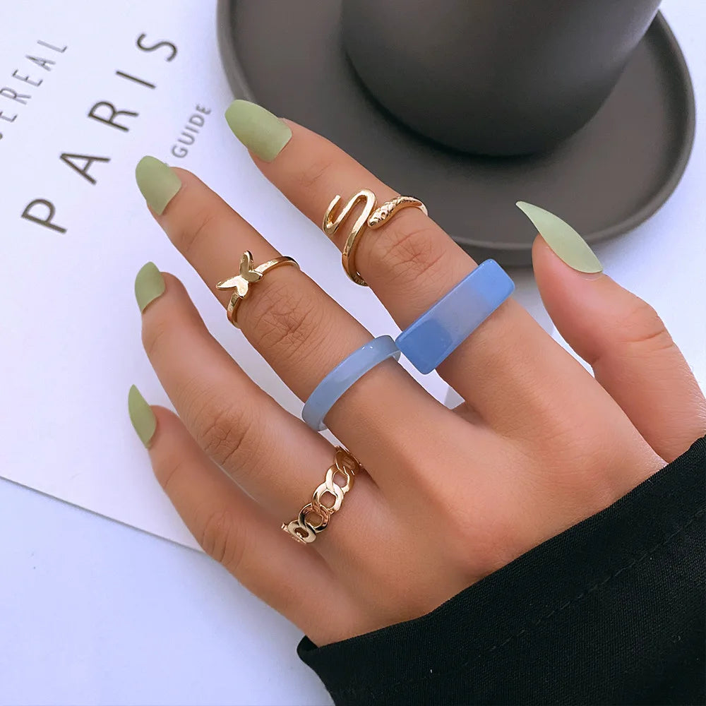 5pcs/setButterfly Resin Knuckle Ring Set Creative Personality Snake Ring Set of 5pcs Bohemia Ring for Women