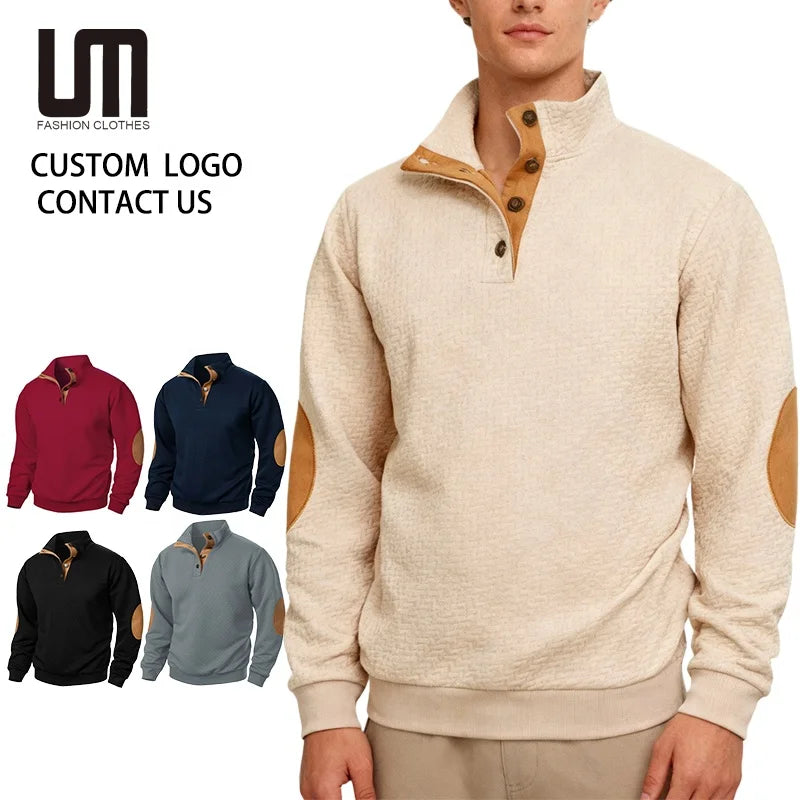 Custom Logo Clearance Sales Autumn Men Casual Buttons Neck Standing Collar Pullover Windproof Clothes Sweatshirts