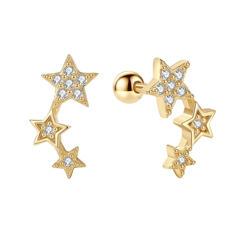 Nagosa 925 Sterling Silver Jewelry Wholesale Vermeil Gold 18k 14k Triple Star Zirconia Ballbell Stud Earring
