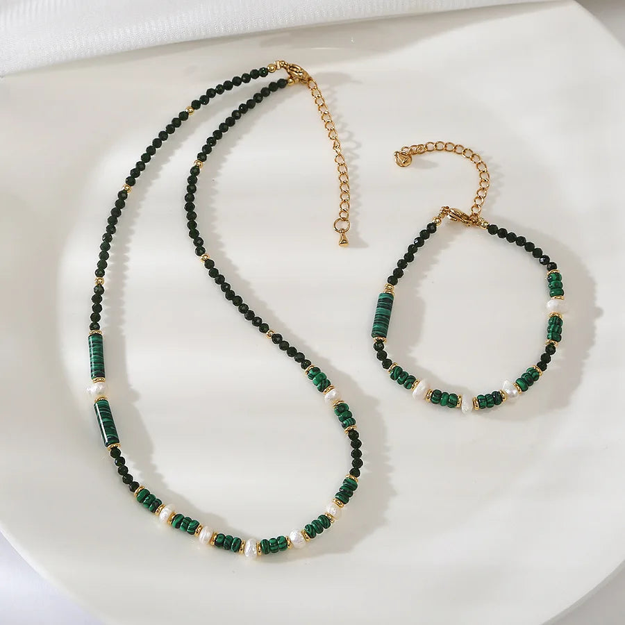 Dainty Natural Malachite Stone Necklaces Set Freshwater Pearl Beaded Necklaces Dainty Gemstone Choker Chain for Women Jewelry