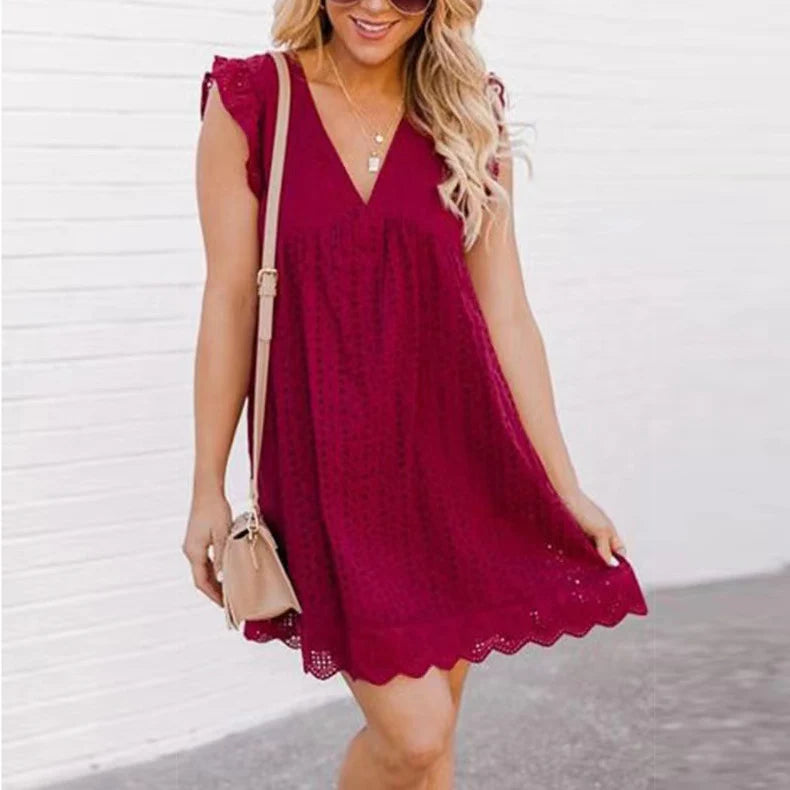 2023 Summer Dresses in Stock New European and American Lace Patchwork Hollow V-neck Dress
