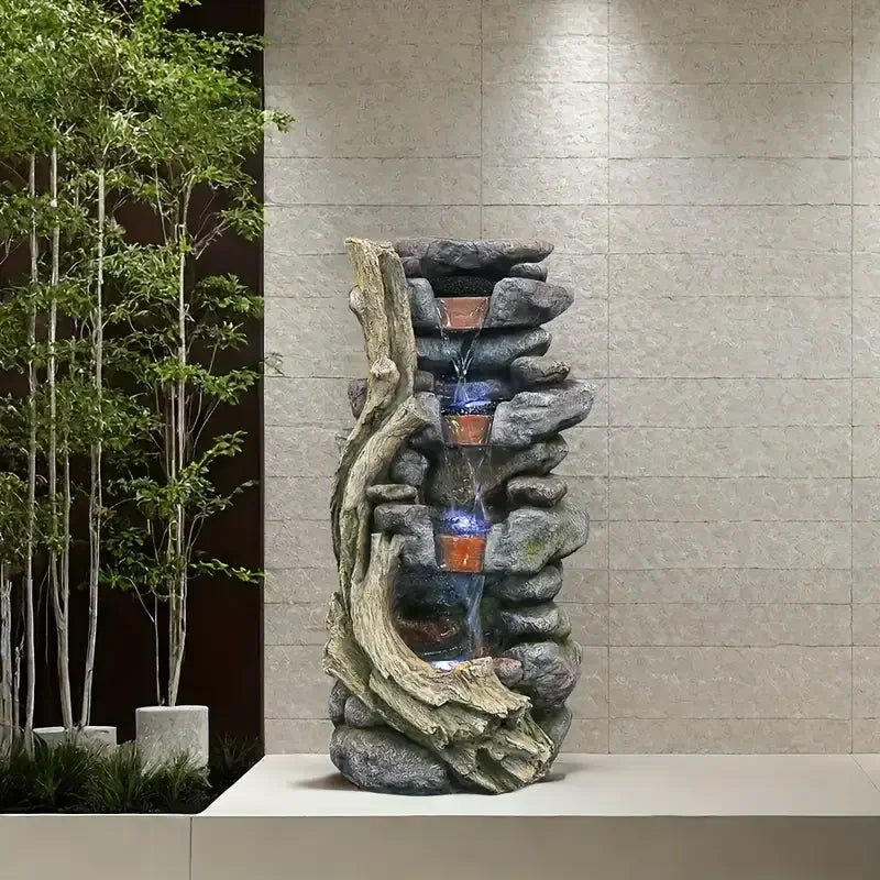 Gray Resin Dead Wood Blue Lamps Flowing Water Engraved Hand-painted Sculptures Realistic Textures Artistic Appeal Holiday
