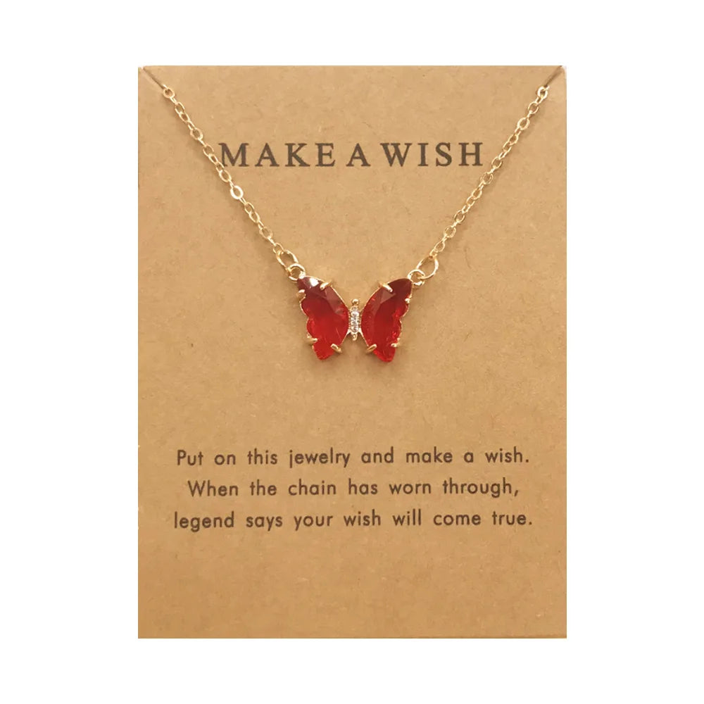 New Multiple Colors Butterfly Charm Necklace Thin Chain Colorful Chain Pendant for Women With Card Jewelry Necklaces