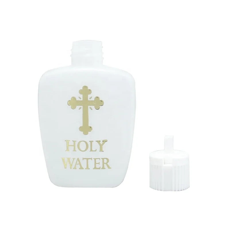 Hot Sale 2oz 60ml HDPE Holy Water Bottles with Flip Top Cap Hot Stamped Golden Cross Design Empty for Filling Free Sample