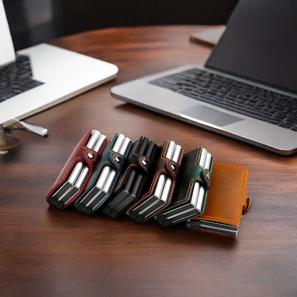 Aluminum Metal Automatic Pop-Up Bank Case Wallet Luxury Genuine Full Grain Crazy Horse Leather Card Holder Cardholder