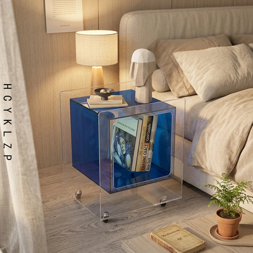 Modern Minimalist Acrylic Bedroom Coffee Table & Bedside/Side Table with Magazine Rack and Casters