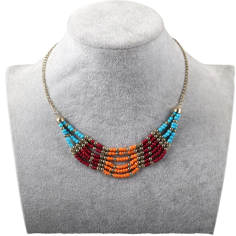 Wholesale Ethnic Style Multi-Layer Rice Bead Necklace Bohemian Casual Evening Dress Three-Layer Rice Beads Collar Necklace