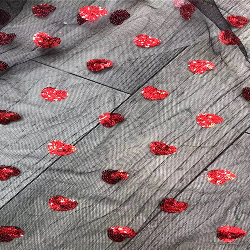 Factory Wholesale Mesh With Sequins Red Heart Embroidery Fabric Haute Fashion Dress Sequins Lace Fabric