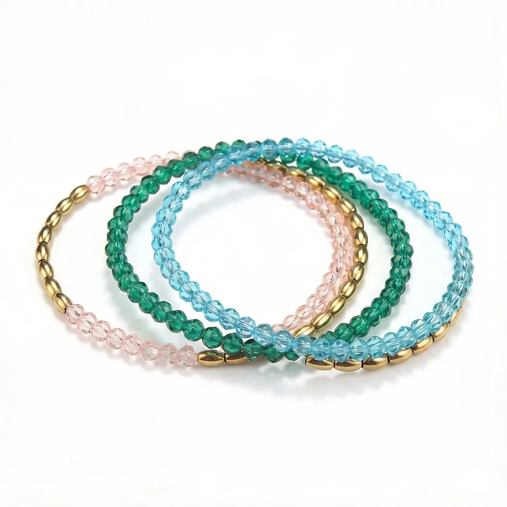 Fashion Trendy 2023 Pink Green Blue Crystal Beads Gold Plated Beaded Double Layer Steel Bracelets Women Girls