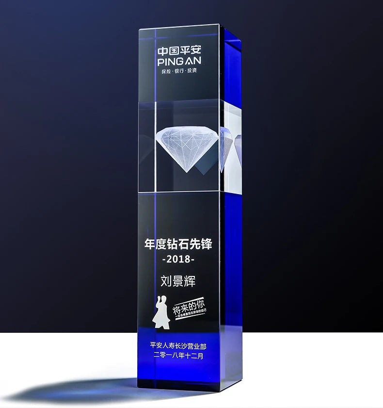 Antique Gold Metal Crystal Award Trophy New Design Blue Laser Diamond K9 Glass with Acrylic Awards for Gift
