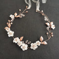 SLBRIDAL Handmade Rose Gold Alloy Leaf Rhinestones Ceramic Flower Bridal Hair Vine Bridal Headband Women Girls Hair Jewelry