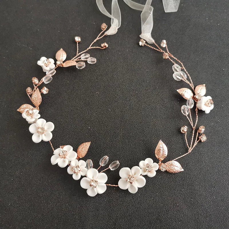 SLBRIDAL Handmade Rose Gold Alloy Leaf Rhinestones Ceramic Flower Bridal Hair Vine Bridal Headband Women Girls Hair Jewelry