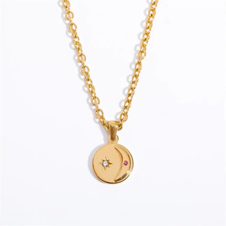 Wholesale Gold PVD Round Pendant Zircon Sun Moon Dangle Charm Necklaces for Women