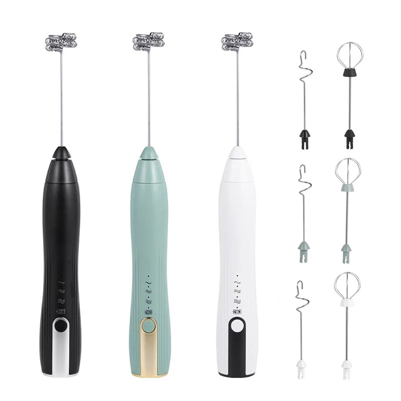USB Rechargeable Electric Whisk Handheld Coffee Foam Maker Eco-Friendly Egg Beater 3 Heads Classic Design Style