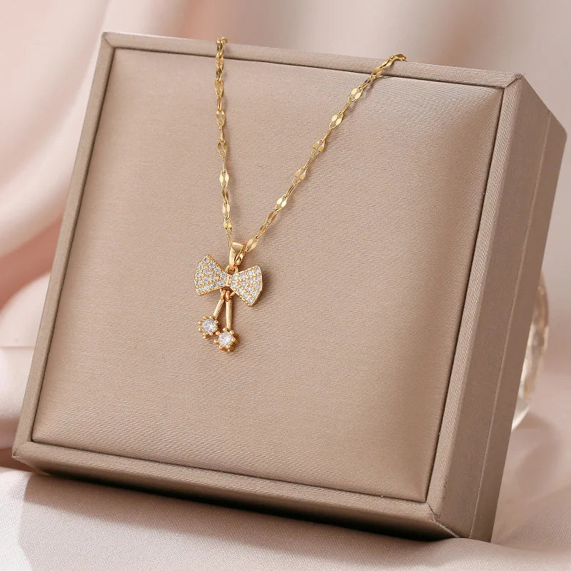 HOVANCI Luxury Fashion Dainty 6 Minimalist Bowknot Pendant18k Real Gold Filled Cubic Zirconia Rhinestone Jewelry Necklace