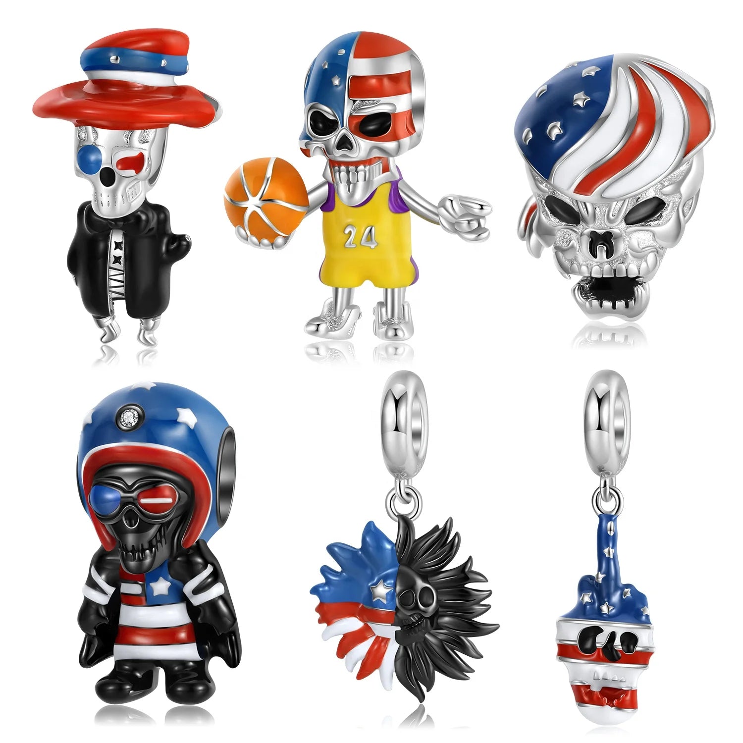 Skull-shaped American Flag Charm Authentic 925 Sterling Silver Skeleton Pendant Fit Women DIY Making Bracelet Fine Jewelry Gift