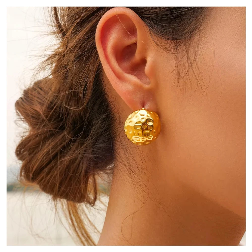 INS Hollow 18k Gold Plated Nickel Free Stainless Steel Hammer Texture Round Ball Earrings Stud for Women Girls