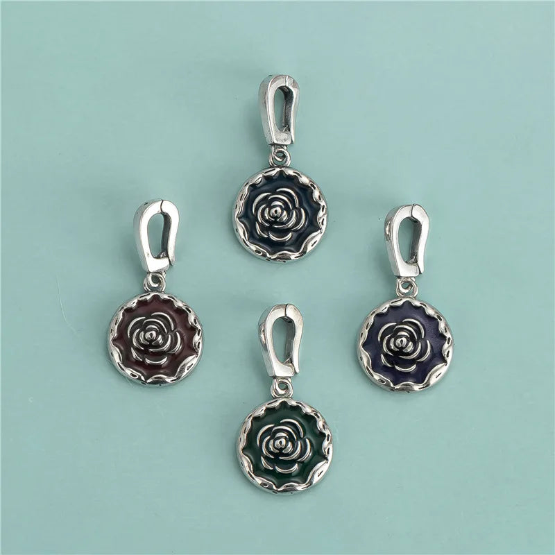 Dainty 925 Sterling Silver Colorful Enamel Round Camellia Flower Pendant for Necklace Bracelet Jewelry Making