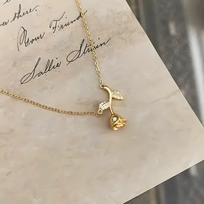 Korean Trendy Sterling Silver 925 Jewelry Necklace Pure Silver Rose Pendant Necklace Women Pure Silver Chain Necklace
