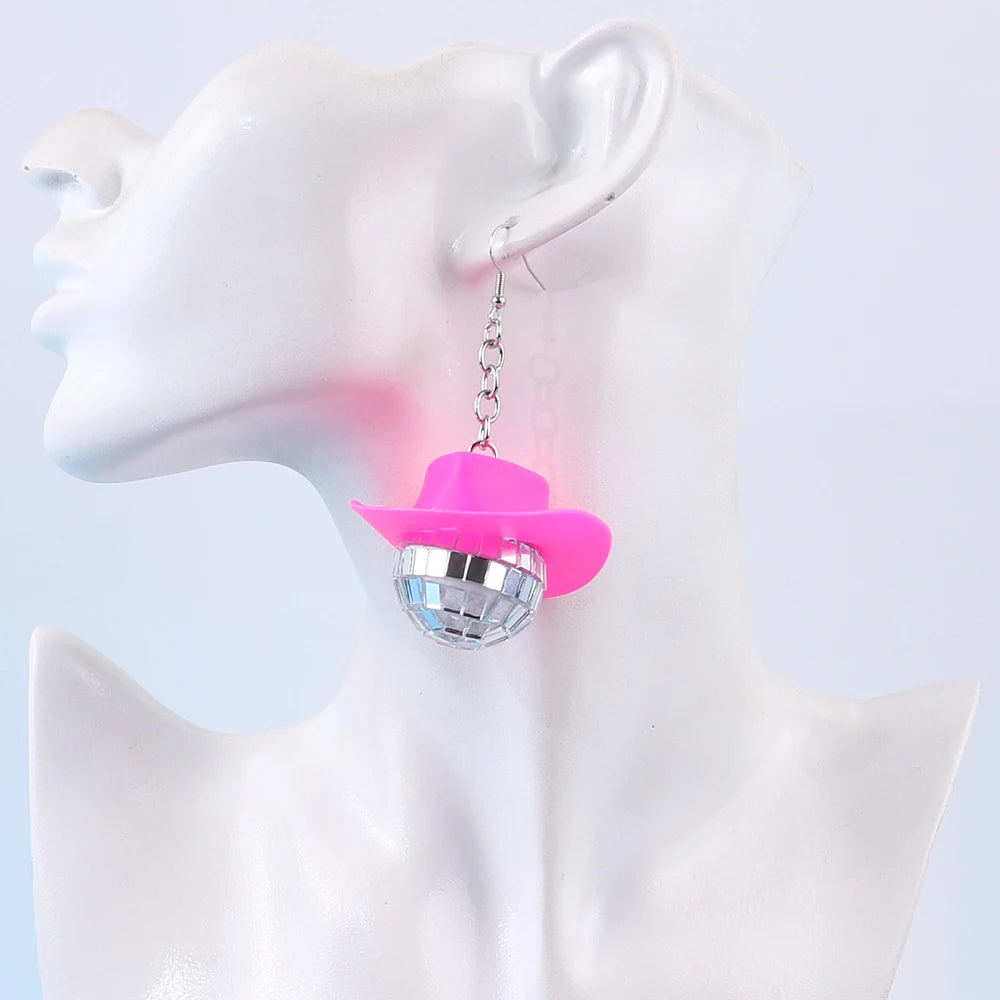 BOHEMIA Acrylic Disco Ball Hat Earrings Pink Silver Sparkly Light Ball Party Drop Earrings for Women Cheap Elegant Fashion