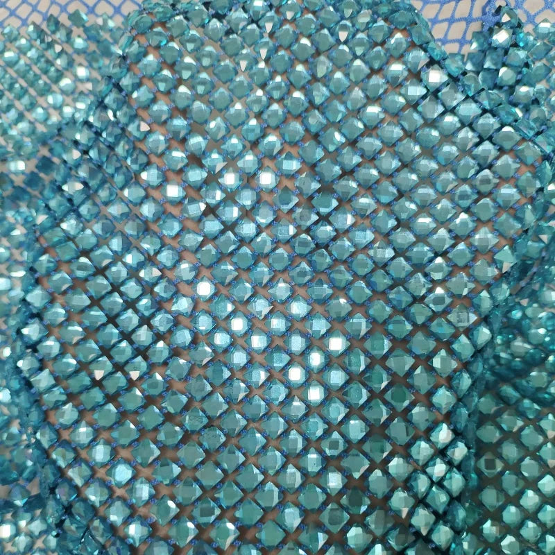 Factory Wholesale Aquamarine Crystal Square Rhinestone Elastic Mesh Fabric for Clothing Accessories