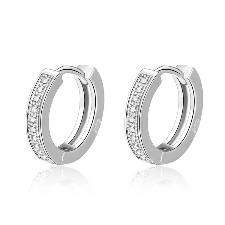 925 Sterling Silver Rhodium Plated 12mm Hoop Earrings | Front Half Cubic Zirconia Accents | Hypoallergenic Circle Earrings