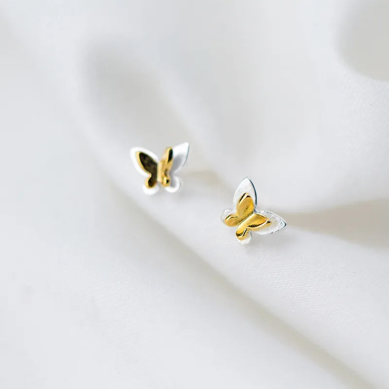 Small Gold Color Butterfly Shape Ear Studs Earings Cute 925 Sterling Silver Earrings Fashion Jewelry for Women Girls